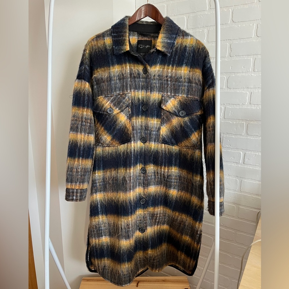 Long navy and yellow button-up shacket